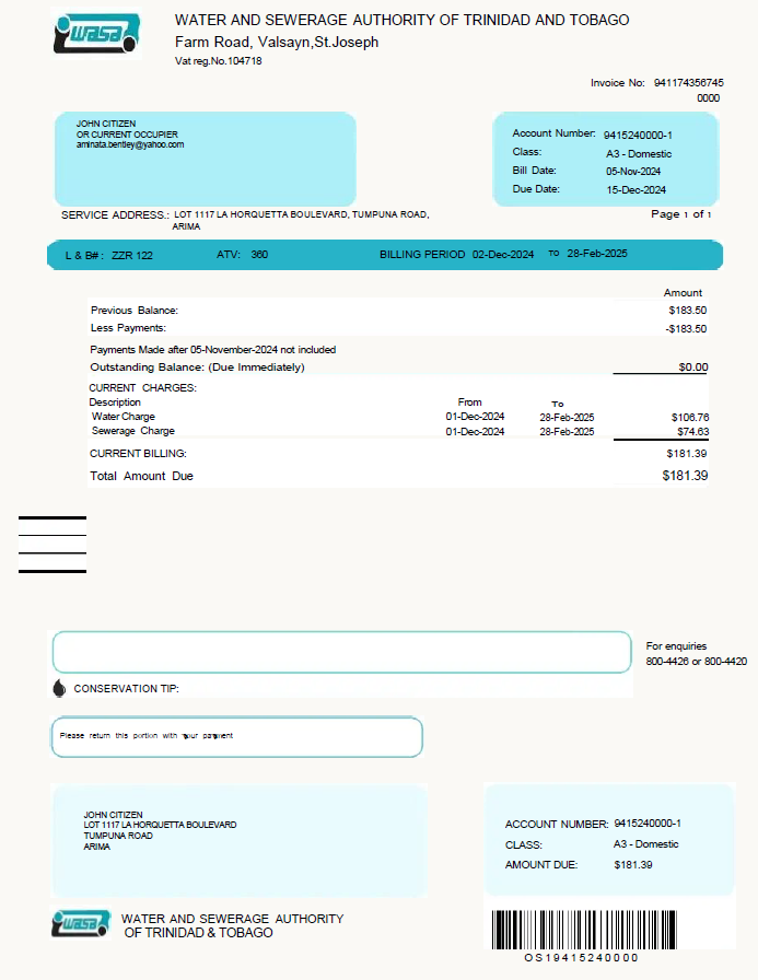 Trinidad and Tobago WASA utility bill template in Word and PDF formats
